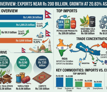 Nepal’s exports near Rs 200 billion, Grow 20.83% in 8 months as trade deficit widens